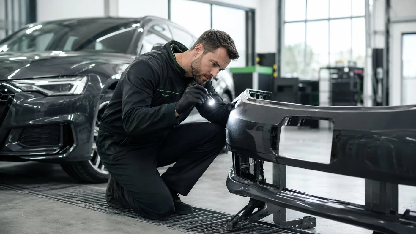 Carrossier partenaire qualifié examinant la carrosserie d’un véhicule en atelier